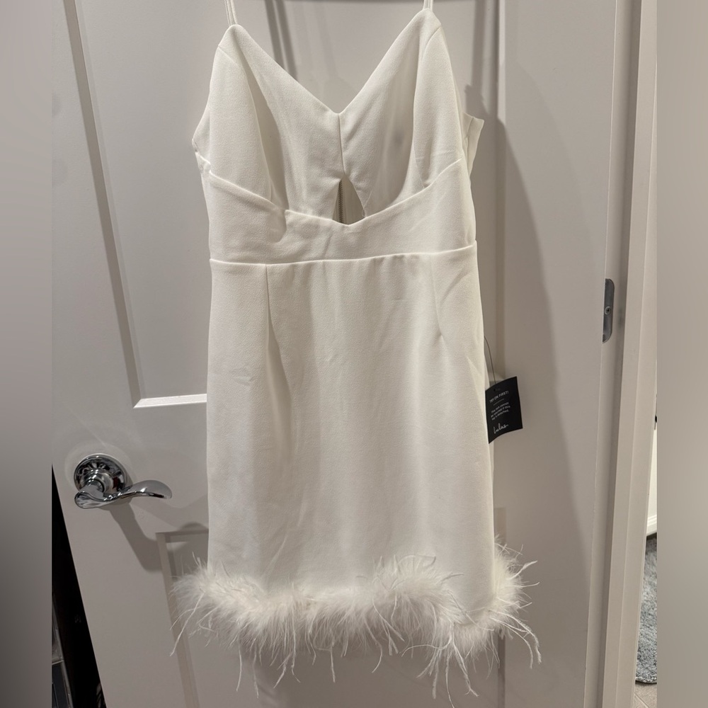 Lulu's White Mini Dress with Feather Hem